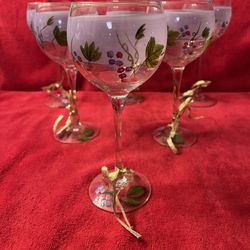 Set of 6 beautiful hand-painted floral stemmed goblet wine glasses