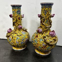 Pair Chinese Yellow Glaze Porcelain Bottle Famille June Lotus & Peach Vase Vases