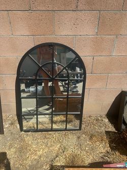 Black Metal Arched Windowpane-Style Wall Mirror