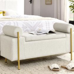 Minor Stained Newly Assembled Storage Bench for Bedroom 44" Beige Storage Ottoman Bench with Armrest, Elegant Linen Upholstered Seating Foot Rest Sto