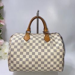 Pre-Owned Louis Vuitton Speedy 30 Damier Azur White Handbag 