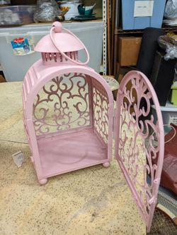 Vintage 10.5" tall metal Pink Lantern With Opening Door. 