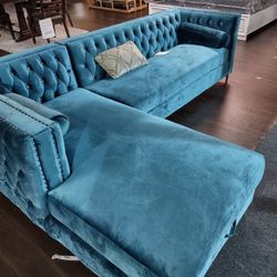 New Sectional Sofa With Diamond Tufted Teal Velvet