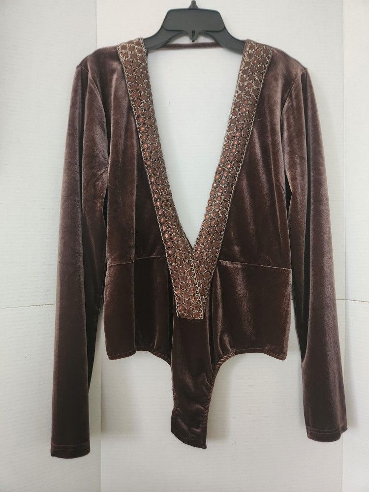 Julia Embellished Velvet Bodysuit Size Large Brown Long Sleeves.