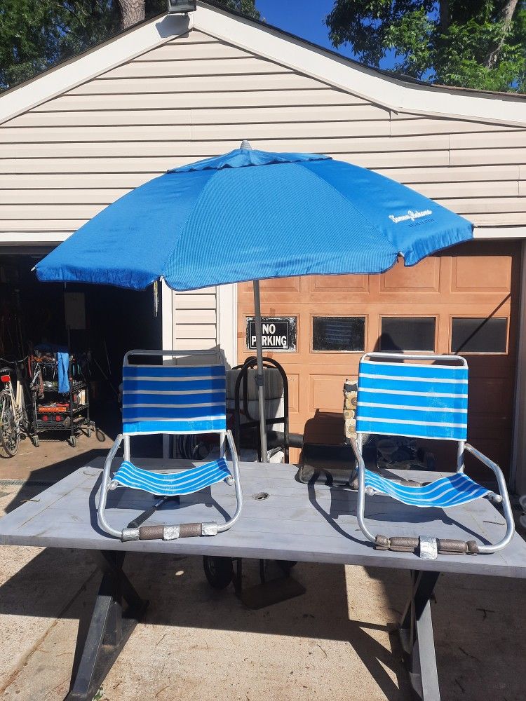 Beach umbrella an 2 beach chairs