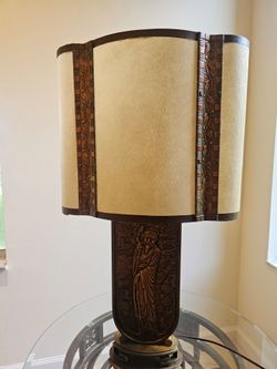 Vintage Albert Gilles Hammered Copper Table Lamp Asian Immortal Figure Original Shade Mid Century