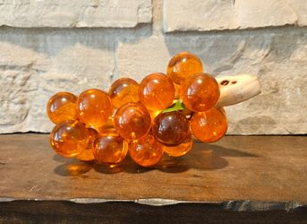 Vintage MCM Large Amber Lucite Grape Cluster on Driftwood Sculpture