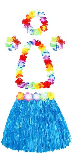 Elastic Hawaiian Hula Grass Skirt with Flower Costume Set for Party Beach Dance Fancy Dress