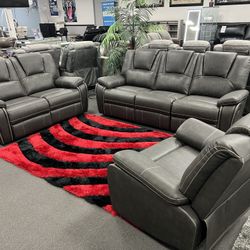 2PC Gray Leather Sofa & Loveseat w/ FREE Recliner 