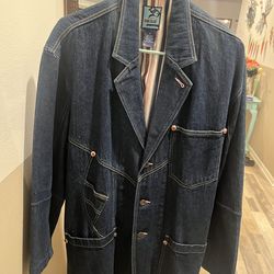 Raw Blue Nu Realms Vintage Mens Linen Blend Denim Chore Jacket Blazer XL Pink Stitch Red Rivets
