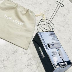 NEW Conair 1875 Watts Compact Foldable Hair Dryer with Canvas Storage Pouch & Hanging Cabinet Cupboard Door Hair Dryer Metal Holder 