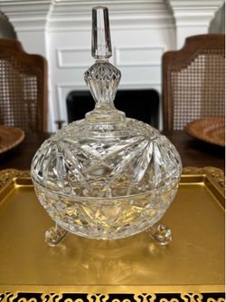 Vintage Crystal glass footed candy bowl with lid