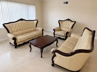 Cream Vinyl Sectional Sofa Chairs - USED