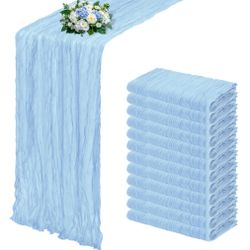 RealBox 12 Pack Baby Blue Cheesecloth Table Runner 17x108 Inch Semi Sheer Boho Gauze Cheese Cloth Fabric Table Runners, For Wedding Party Baby Shower 