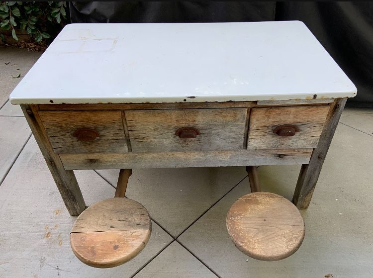Antique Porcelain Top Work Table With Foldaway Seats