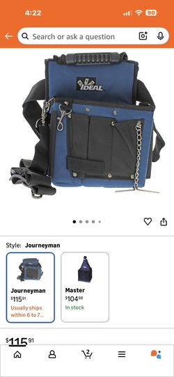 IDEAL Electrical 35-426 Journeyman Electrician's Tote Black/Blue Multi-Ply Tool Kit Bag with Removable Shoulder Strap, Reinforced Opening,