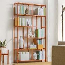5 Tier Narrow Bookcase Etagere Organizer, Bamboo Freestanding Display Shelf Storage Organizer for Home Living Room Office Bedroom, Brown