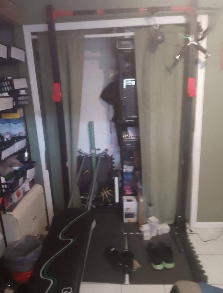 Weight Station Tower, Olympic Bars, Weights, Bumper Plates, Squat Rack, Step Platform, Total Gym, Adjustable Bench