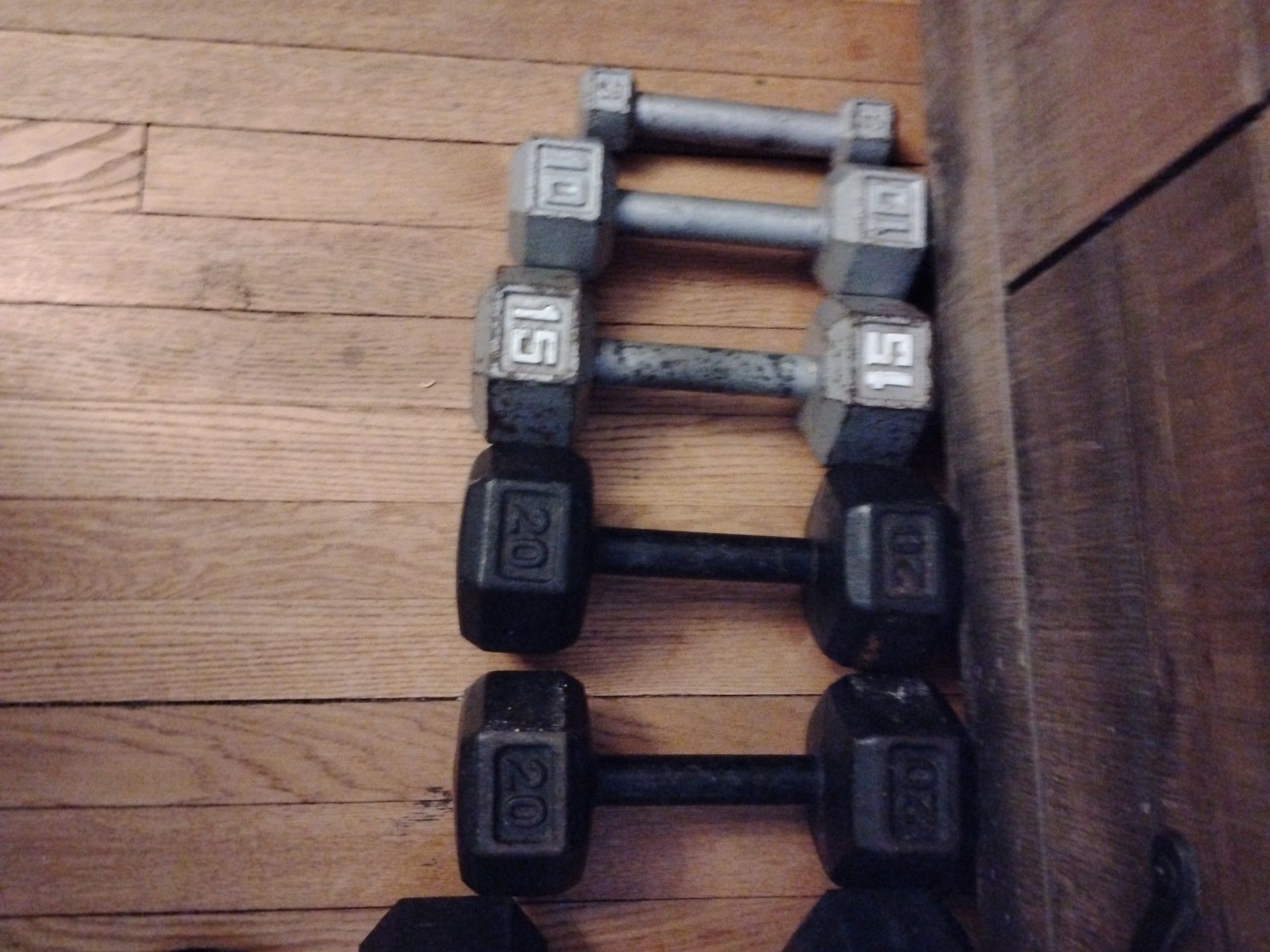 5 dumbbells - 3 lb. , 10 lb. , 15 lbs. & Pair of 20 lbs.