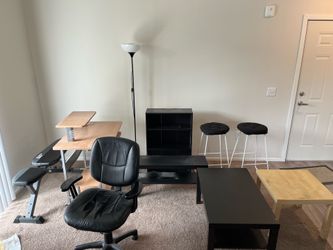 Everything must go! Desk, bench, lamp, shelf