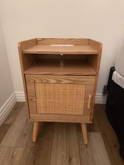 Natural Wood Rattan Nightstand with Charging