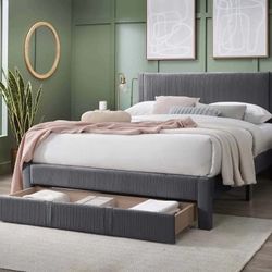 Full Gray Tufted Platform Bed w. Drawer & Orthopedic Mattress Included 