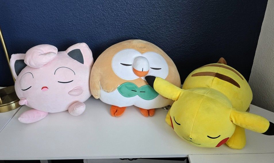 Sleeping Pokémon Jumbo Plush Pikachu Rowlet Jigglypuff 18in-24in Good Condition Clean set of 3!