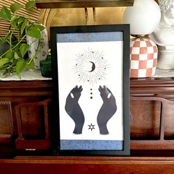 Divine Moon Hands Witchy Art Celestial Crescent Moon Star Canvas Print Framed 11.5x17”
