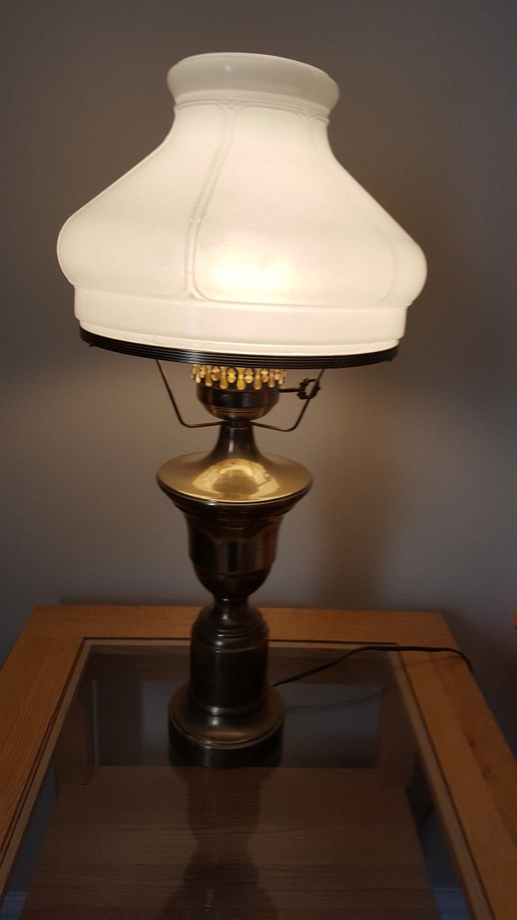 Vintage Brass Hurricane Lamp with Milk Glass Shade