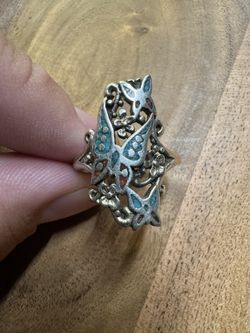 Butterfly Ring With Red And Blue Coral