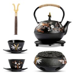 Dyna-Living Cast Iron Teapot with Warmer Japanese Tea Kettle 720ml/24.5oz Japanese Cast Iron Teapot Set with 2 Tea Cups Tea Pot with Infuser Tea Kettl