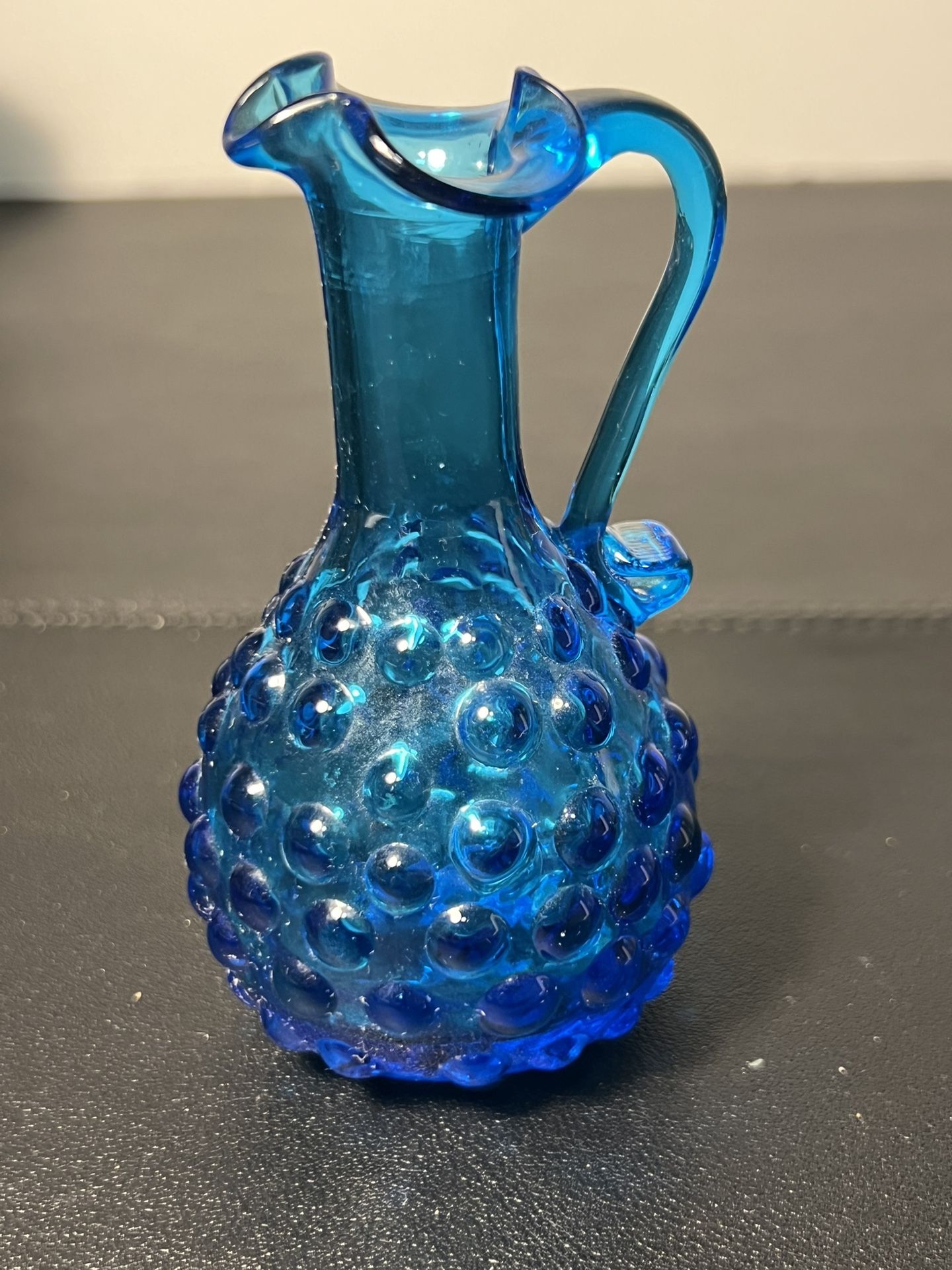 Empoli Italy MCM Hand Blown Blue Hobnail Bubble Art Pitcher Jug, 4.25”