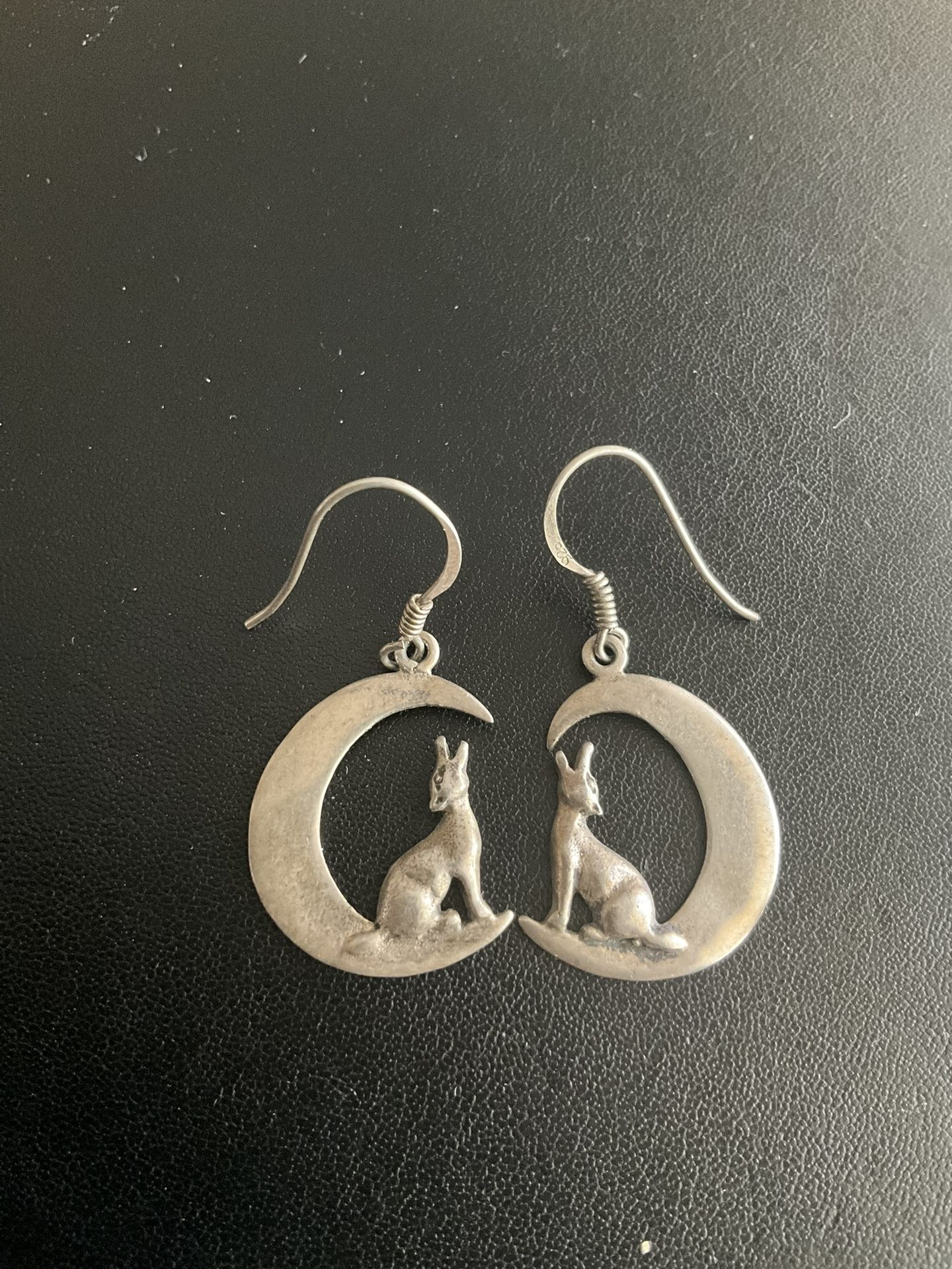 Sterling Silver Crescent Moon With Howling Wolves Wire Pierced Earrings