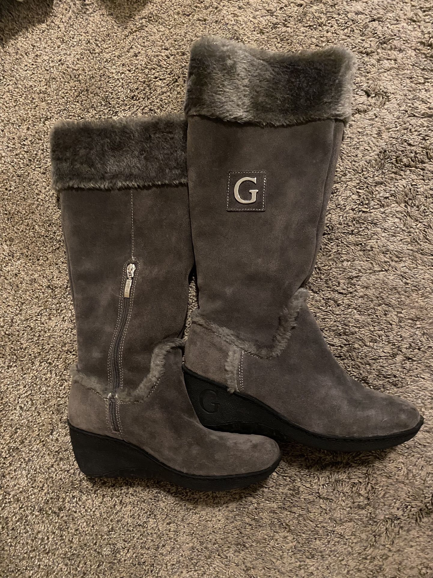 G by Guess Gray Suede Wedge Faux Fur Winter Boots, Size 9