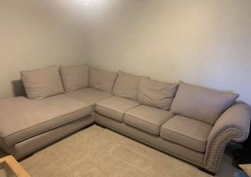 Large Taupe Sectional Sofa w/ Chaise & Nailhead Trim