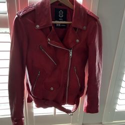 🧥 Red Leather Moto Jacket – Size L (Fits More Like Medium) – $119 OBO