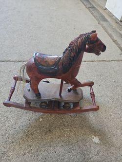 Vintage Wooden Rocking Horse Pull Toy Hand Carved Painted Primitive Folk Art 12”