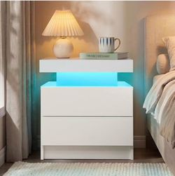 Set Of 1, LED Night Stand White Nightstand with 2 Drawers