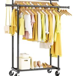 Double Rods Clothes Rack, Rolling Clothing Rack for Hanging Clothes Portable Wardrobe Rack, Metal Garment Rack Sturdy