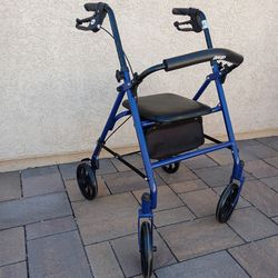 Drive Medical 4 Wheel Rollator Walker with a blue steel frame