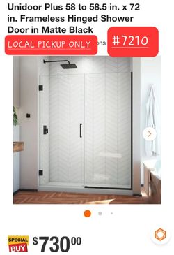➿️ Unidoor Plus 58-58.5 in.x72 in. Frameless Hinged Shower Door in Matte Black #7210