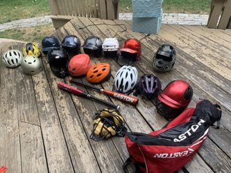 2 bats 1bag 1catchers mask and 10+ helmets