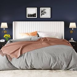 King Size Velvet Bed Frame/Vertical Channel Tufted Wingback Headboard/Upholstered Platform Bed/No Box Spring Needed/Strong Wooden Slats/Easy Assembly/