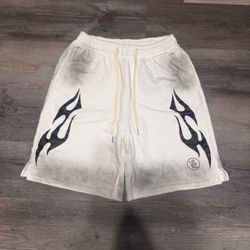 Hellstar White shorts with Black Flame graphics on Sides Size Medium
