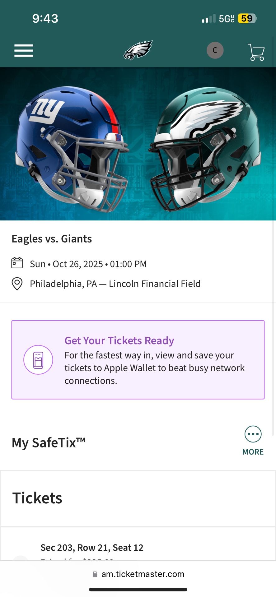 Pair of Eagles Tickets New York Giants vs Philadelphia Eagles