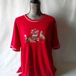 Bon Worth women's puppies embroided red short-sleeve top size L