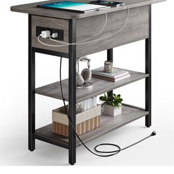 End Table with Charging Station, Flip Top Side Table with USB Ports and Outlets, Sofa Couch Table Bedside Table for Living Room Bedroom, Narrow Nights