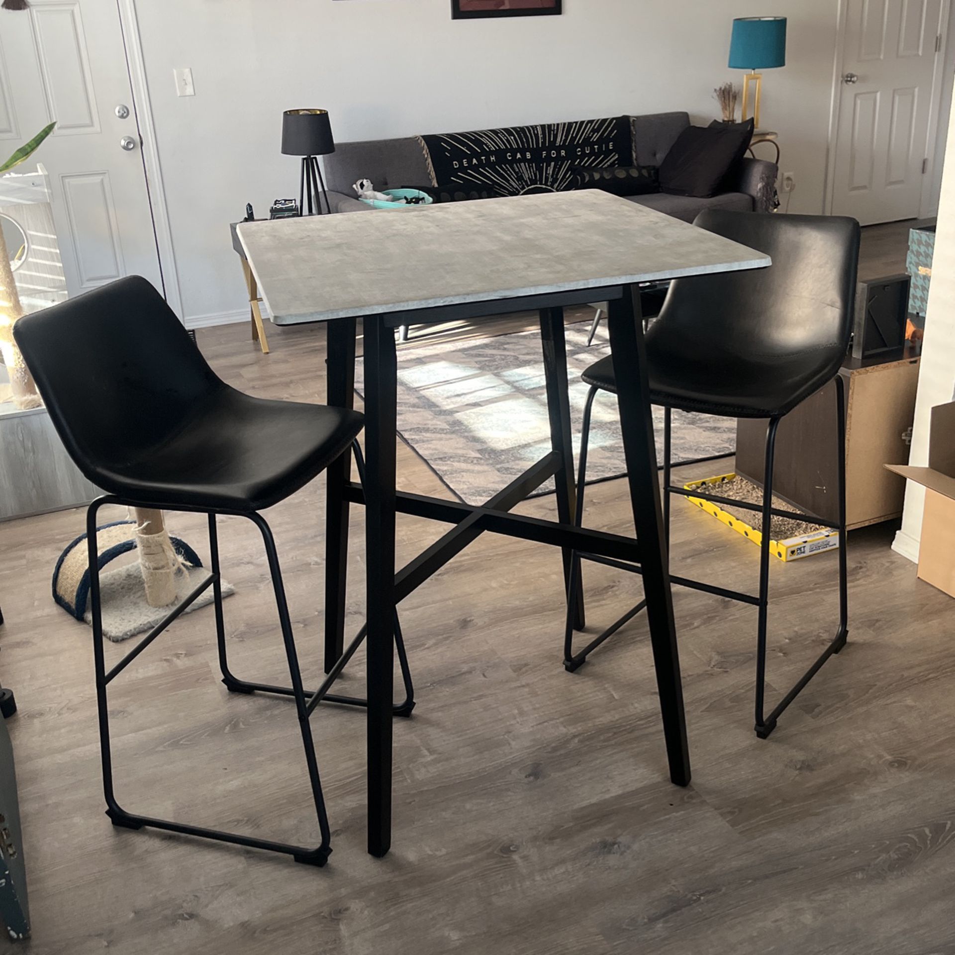 Tall Cement-Top Dining Room/Bistro Table and 2 Vinyl chairs