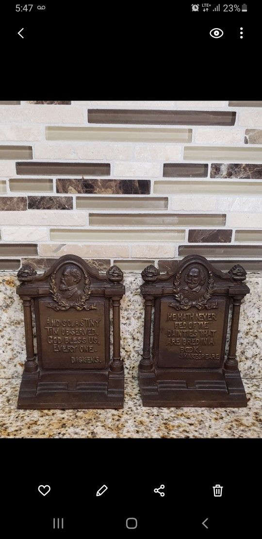 Rare Antique B&H SHAKESPEARE & DICKENS  IRON CAST BRASS FINISH BOOKENDS  