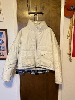 Cream Puffer Jacket with Plaid Lining
